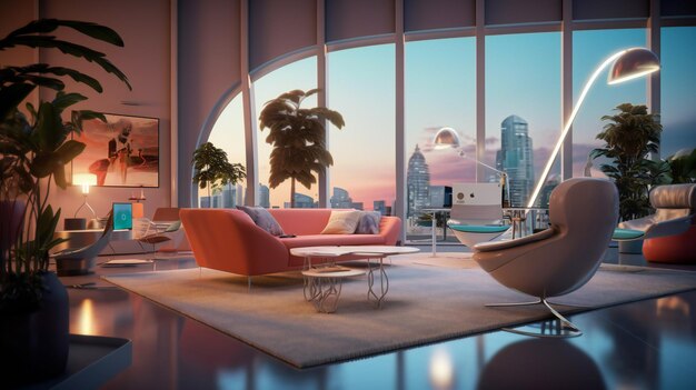 A living room with a view of the city skyline.