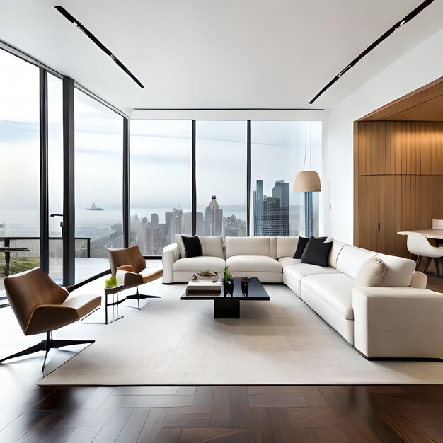 A living room with a view of the city skyline.