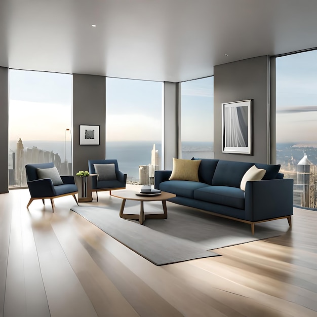 a living room with a view of the city skyline.