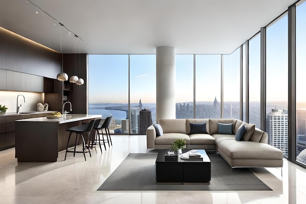 a living room with a view of the city.