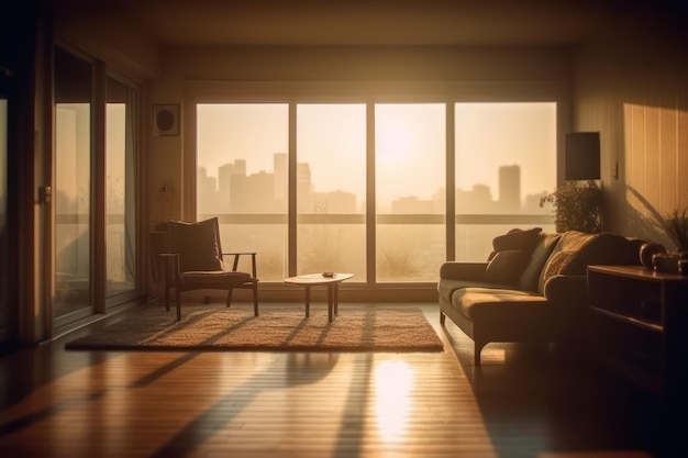 A living room with a view of the city