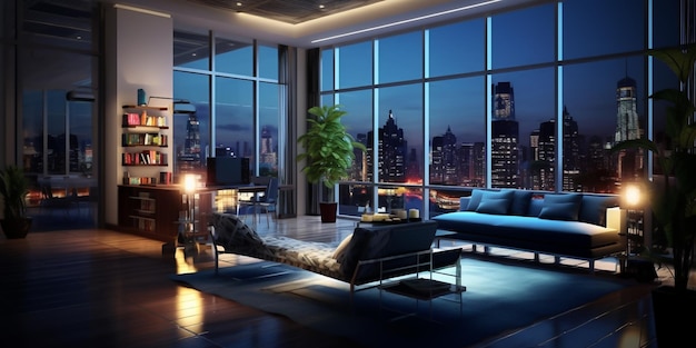 A living room with a view of the city.