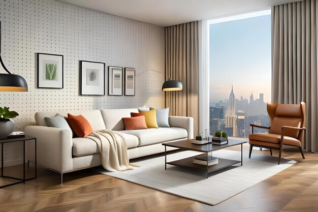 A living room with a view of the city