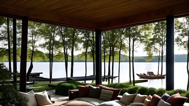 A living room with a view of the lake and a boathouse