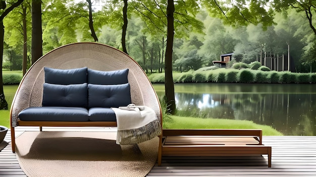 A living room with a view of a lake and a couch with a sofa and a window with a view of a lake