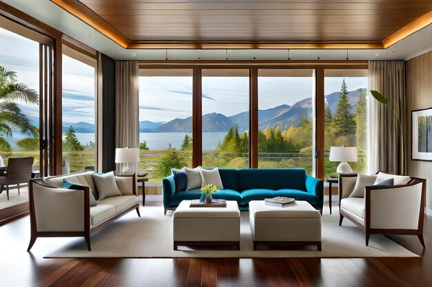 A living room with a view of a lake and mountains.