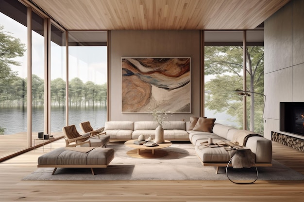 A living room with a view of the lake