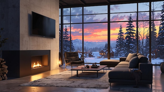 Foto un soggiorno con vista su una montagna e un fuoco