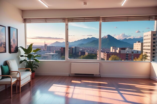 A living room with a view of a mountain range and a couch.