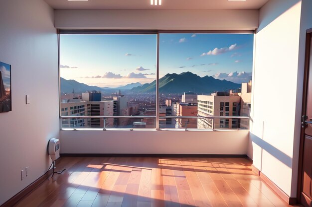 A living room with a view of a mountain range.