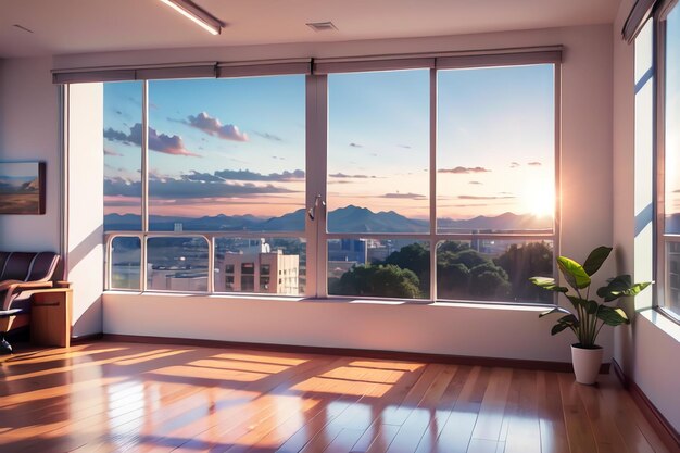 A living room with a view of a mountain and a window that says " the city of madrid ".