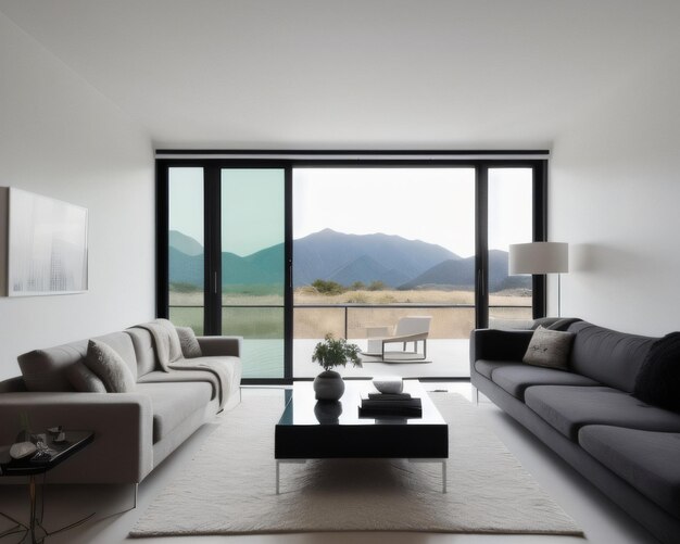 A living room with a view of mountains and a couch.