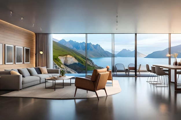A living room with a view of the mountains and a lake.