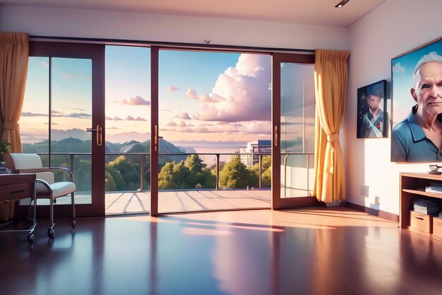 A living room with a view of the mountains and a large window.