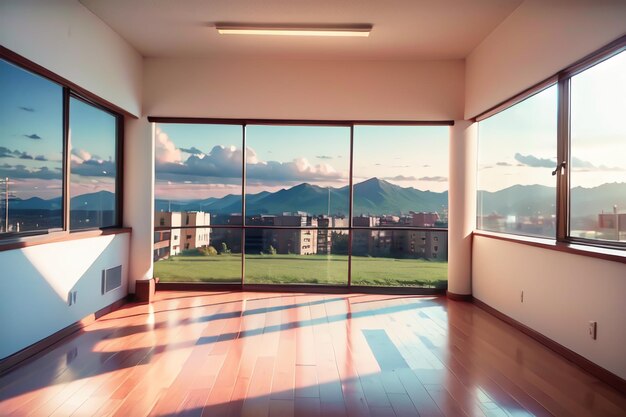 Photo a living room with a view of mountains and a large window