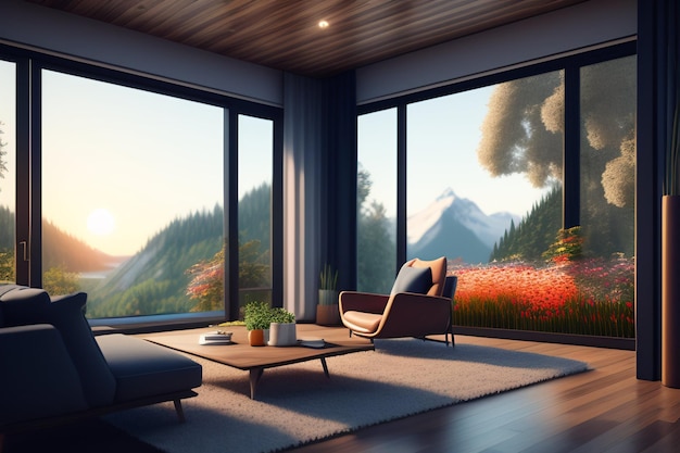 A living room with a view of mountains and a mountain