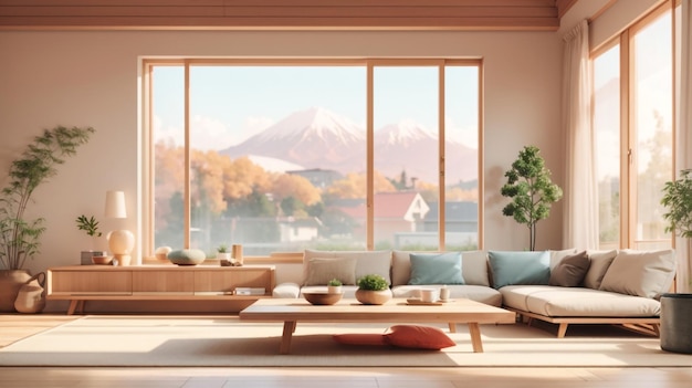 a living room with a view of mountains and a mountain