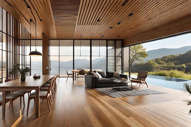 A living room with a view of the mountains and the ocean