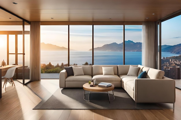 A living room with a view of the mountains and the ocean.