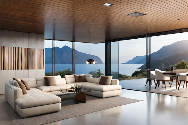 A living room with a view of the mountains and the sea.