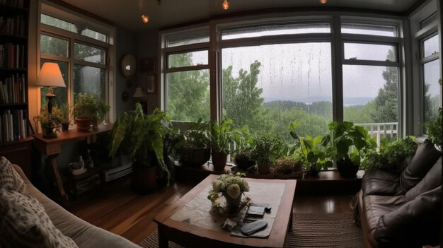 A living room with a view of the mountains and the window.