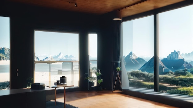 A living room with a view of the mountains