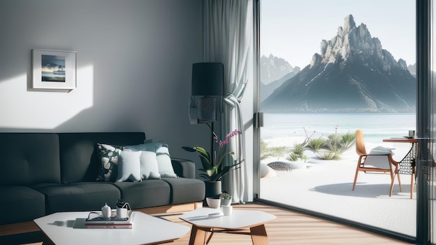 A living room with a view of the mountains