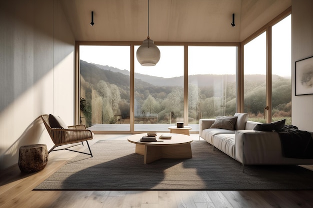 A living room with a view of the mountains