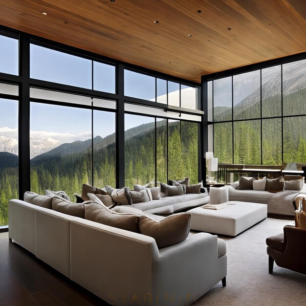 A living room with a view of the mountains