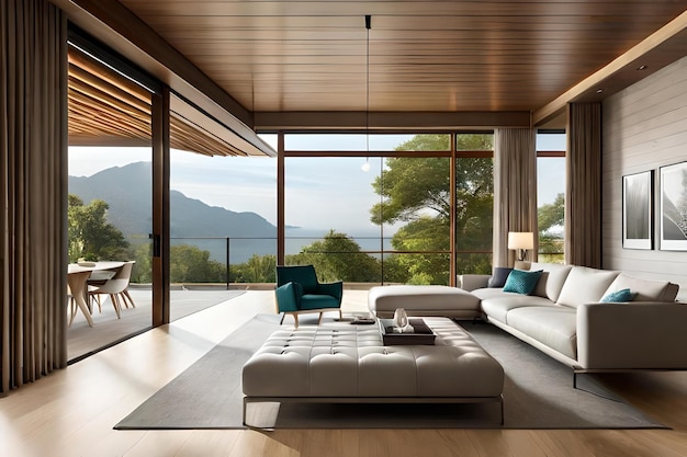 A living room with a view of the mountains