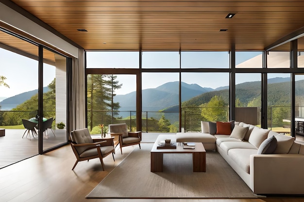 A living room with a view of the mountains