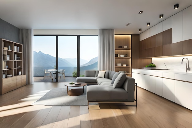 A living room with a view of the mountains