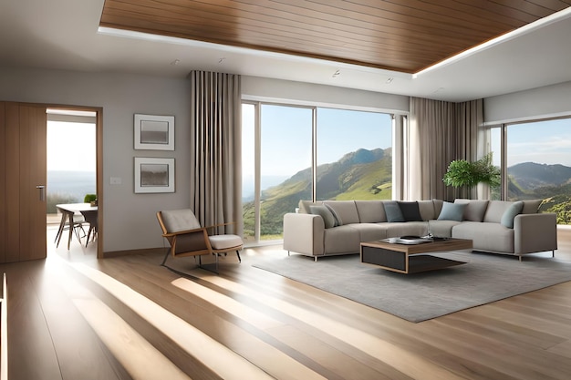 A living room with a view of the mountains