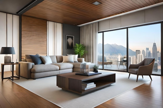 A living room with a view of the mountains