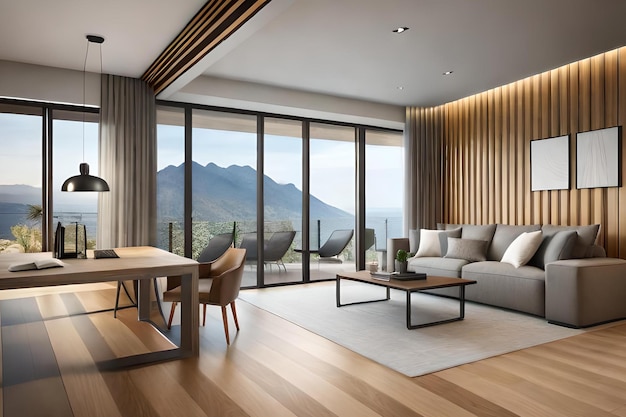 A living room with a view of the mountains.