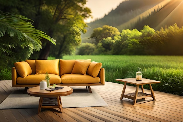 A living room with a view of the mountains