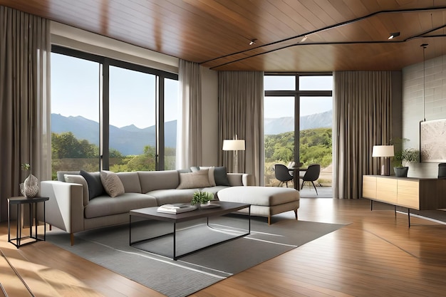 A living room with a view of the mountains