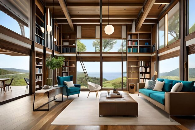 A living room with a view of the mountains