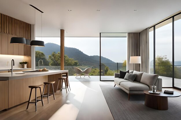 A living room with a view of the mountains