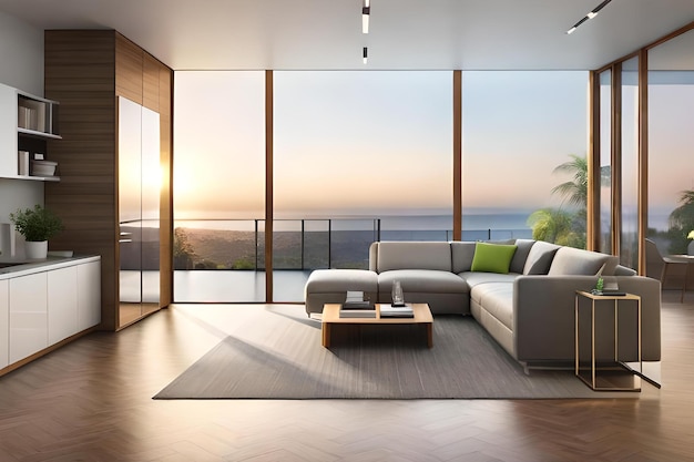 A living room with a view of the ocean and a couch with a green pillow.