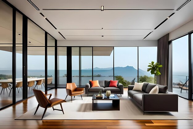 A living room with a view of the ocean and a couch