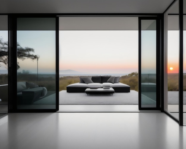 A living room with a view of the ocean and a couch.