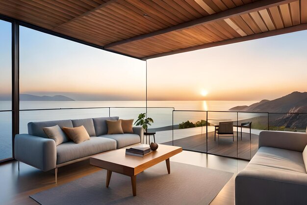 A living room with a view of the ocean and a couch.