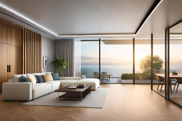 A living room with a view of the ocean and a couch.