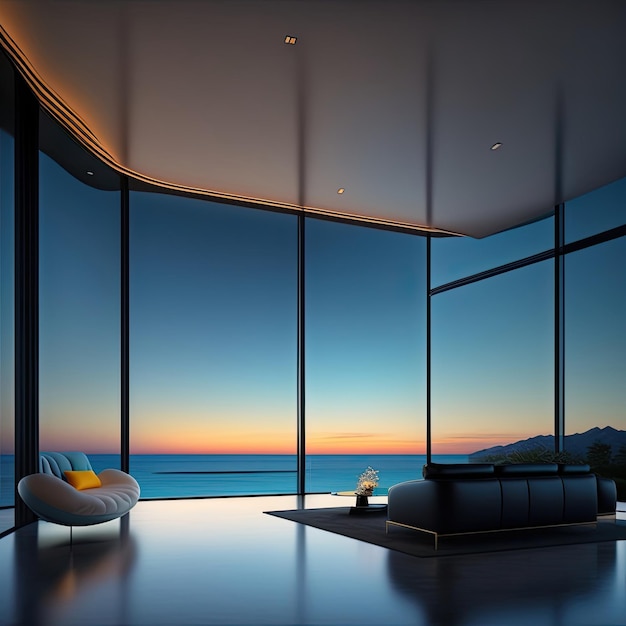 A living room with a view of the ocean and a couch.