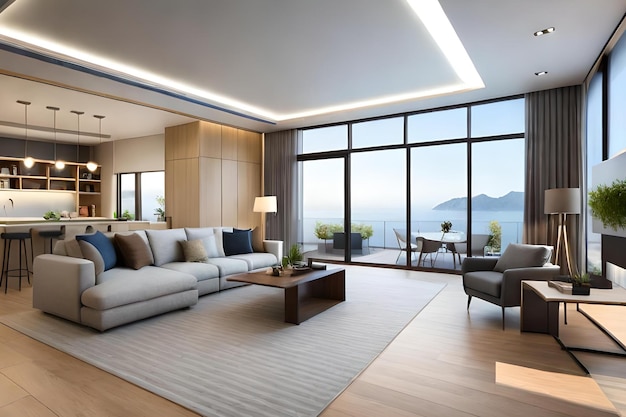 A living room with a view of the ocean and mountains