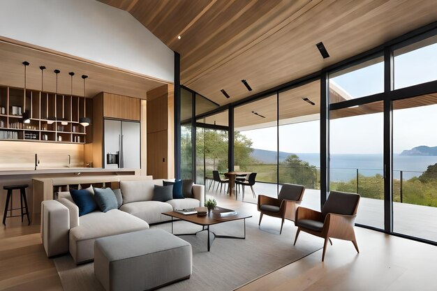 A living room with a view of the ocean and mountains