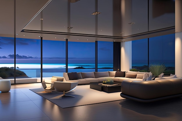 A living room with a view of the ocean at night.
