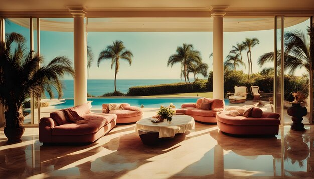 a living room with a view of the ocean and palm trees