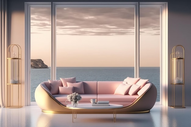 A living room with a view of the ocean and a sunset on the wall